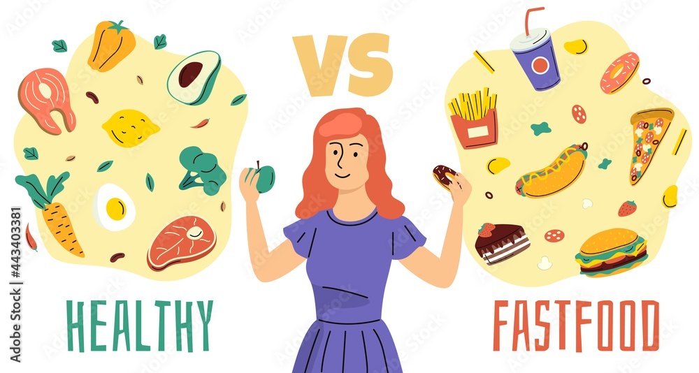 Healthy Unhealthy Food Girl Chooses Between Proper Nutrition And Fast healthy-unhealthy-food-girl-chooses-between-proper-nutrition-and-fast