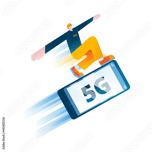 A young man is surfing on a mobile phone at high speed. The concept of a vector illustration on the topic of high-speed mobile Internet. A metaphor on the topic of 5G communication.