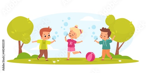 Kids blow bubbles. Funny boys and girl play with soap air balls outdoor in park, childish hobbies and games children party activities. Summer leisure time vector cartoon isolated concept