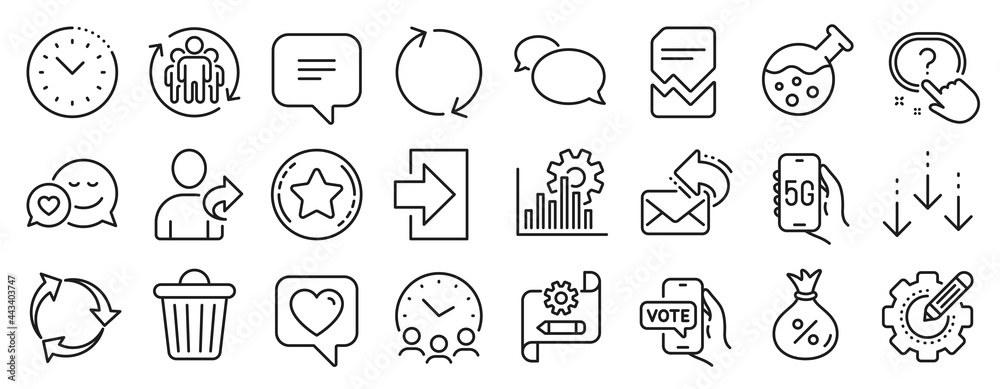 Set of Technology icons, such as Meeting time, Refer friend, Scroll down icons. Online voting, Cogwheel blueprint, Recycle signs. Heart, Teamwork, Dating. Trash bin, Time management, Loan. Vector Set of Technology icons, such as Meeting time, Refer friend, Scroll down icons. Online voting, Cogwheel blueprint, Recycle signs. Heart, Teamwork, Dating. Trash bin, Time management, Loan. Vector