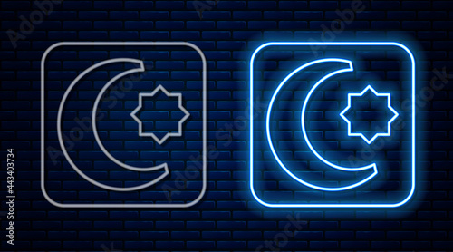 Glowing neon line Star and crescent - symbol of Islam icon isolated on brick wall background. Religion symbol. Vector