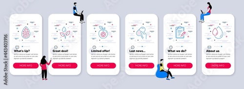 Vector Set of Healthcare icons related to Artificial colors, Vaccine report and Plants watering icons. UI phone app screens with teamwork. Medical food, Capsule pill and Oil drop line symbols. Vector