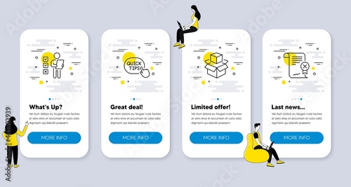 Set of Business icons, such as Packing boxes, Voting ballot, Quick tips icons. UI phone app screens with people. Reject certificate line symbols. Vector