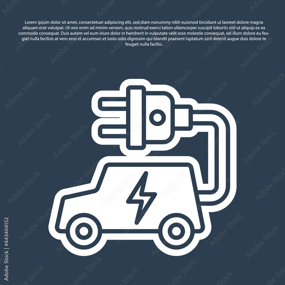 Blue line Electric car and electrical cable plug charging icon isolated on blue background. Renewable eco technologies. Vector Blue line Electric car and electrical cable plug charging icon isolated on blue background. Renewable eco technologies. Vector