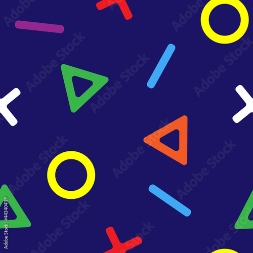 Gamer control icons seamless pattern. Multicolored icons on blue background. Abstract background. For brochure, flyer, poster
