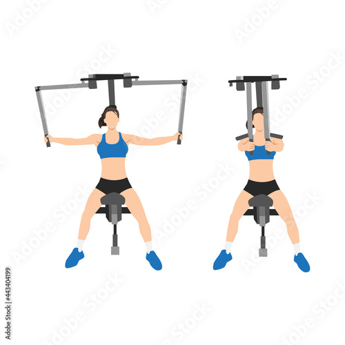 Woman doing Butterflies. pec deck. seated machine flies. exercise. Flat vector illustration isolated on white background photo