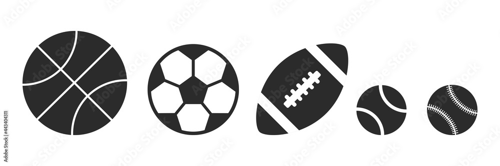 Set of balls black icons. Basketball, soccer, rugby, tennis and baseball balls black color collection. Vector isolated on white. Set of balls black icons. Basketball, soccer, rugby, tennis and baseball balls black color collection. Vector isolated on white.