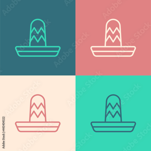 Pop art line Traditional mexican sombrero hat icon isolated on color background. Vector