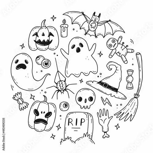 Set of doodle Halloween elements in the shape of a circle. Vector illustration with isolated elements.