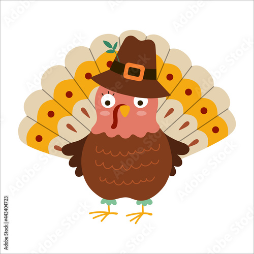 Vector Thanksgiving turkey in pilgrim hat. Autumn bird icon. Fall holiday animal isolated on white background