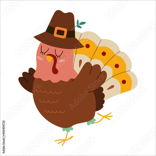 Vector Thanksgiving turkey in pilgrim hat. Autumn bird icon. Fall holiday dancing animal with closed eyes isolated on white background