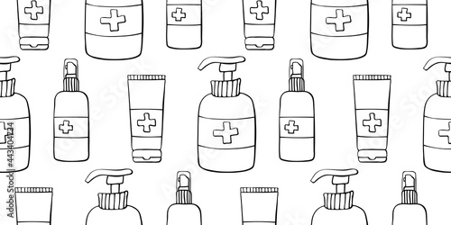 Seamless pattern with hand sanitizer. Personal hygiene products. Antiseptic dispensers disinfects, protects coronavirus bacteria. Vector outline background and texture in flat doodle style isolated