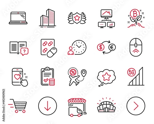 Vector Set of Business icons related to Accounting checklist, Delivery shopping and Sports stadium icons. Laureate, Laptop and Flight sale signs. 5g wifi, Loyalty star and Forward. Vector
