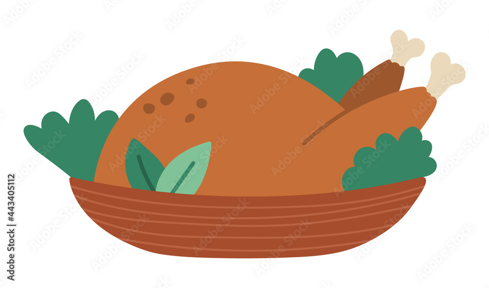 Vector fried chicken or turkey on a plate. Christmas or Thanksgiving festive food. Holiday meal isolated on white background Vector fried chicken or turkey on a plate. Christmas or Thanksgiving festive food. Holiday meal isolated on white background