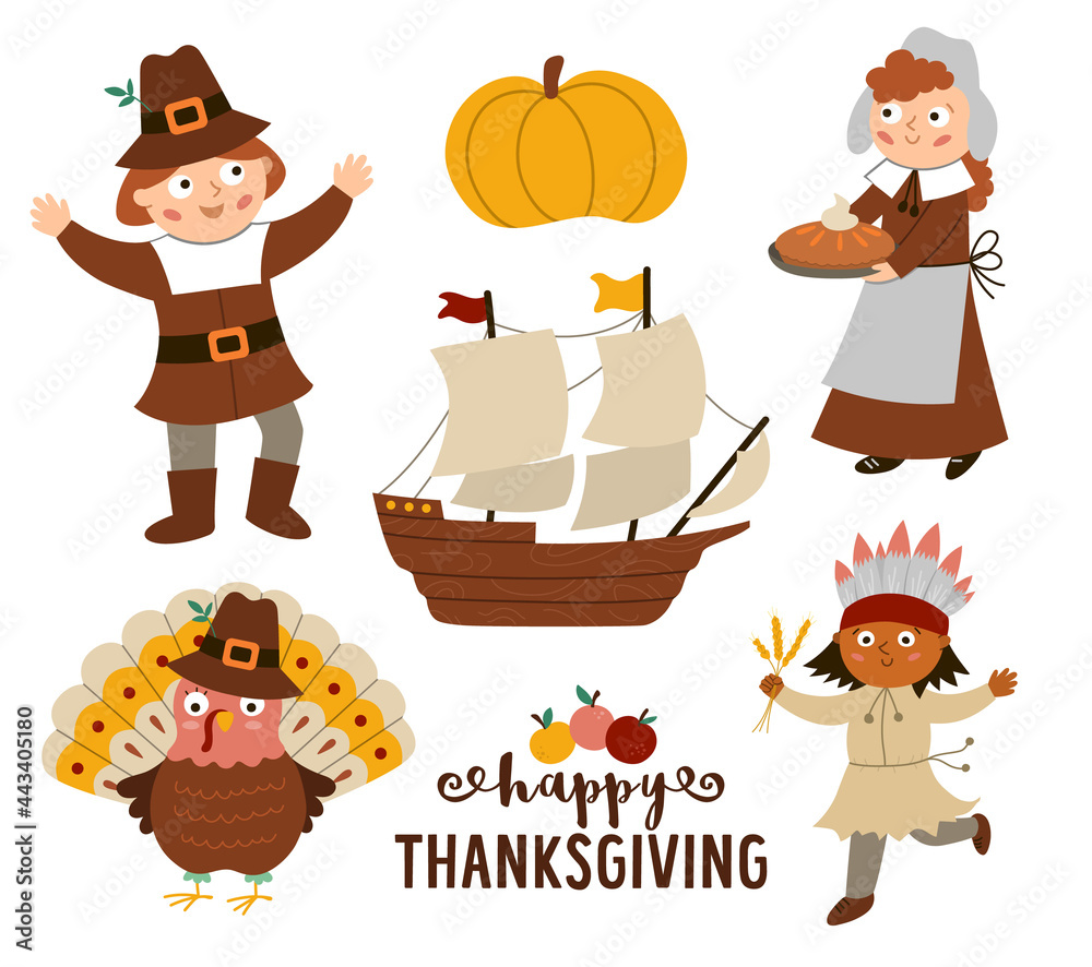 Fototapeta premium Thanksgiving Day characters set. Vector Autumn icons collection with pilgrims, native Indian, ship, turkey, pumpkin. Cute fall holiday collection