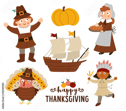 Thanksgiving Day characters set. Vector Autumn icons collection with pilgrims, native Indian, ship, turkey, pumpkin. Cute fall holiday collection