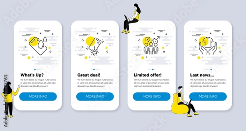 Set of Business icons, such as Business statistics, Smartphone waterproof, Smartphone broken icons. UI phone app screens with people. Hold t-shirt line symbols. Vector