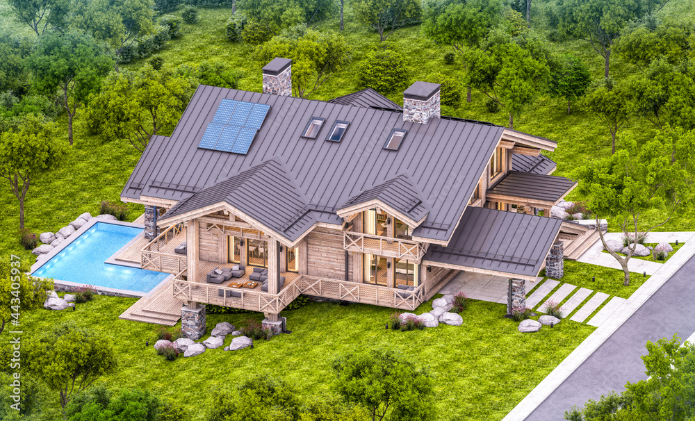 3d rendering of modern cozy chalet with pool and parking for sale or rent. Massive timber beams columns. Beautiful forest mountains on background. Clear summer evening with cozy light from window 3d rendering of modern cozy chalet with pool and parking for sale or rent. Massive timber beams columns. Beautiful forest mountains on background. Clear summer evening with cozy light from window