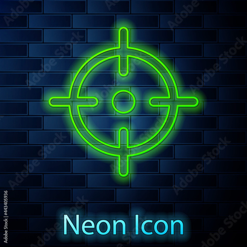 Glowing neon line Target sport icon isolated on brick wall background. Clean target with numbers for shooting range or shooting. Vector