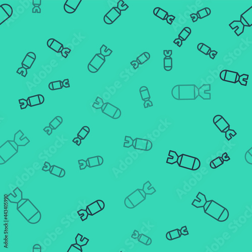Black line Rocket launcher with missile icon isolated seamless pattern on green background. Vector