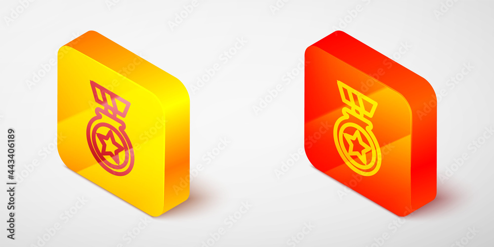 Isometric line Medal with star icon isolated on grey background. Winner achievement sign. Award medal. Yellow and orange square button. Vector Isometric line Medal with star icon isolated on grey background. Winner achievement sign. Award medal. Yellow and orange square button. Vector