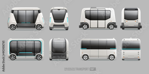 Concept of futuristic autonomous electric shuttle bus side and front view. Driverless Autonomous Self driving mini van vector template. Driverless future transport photo