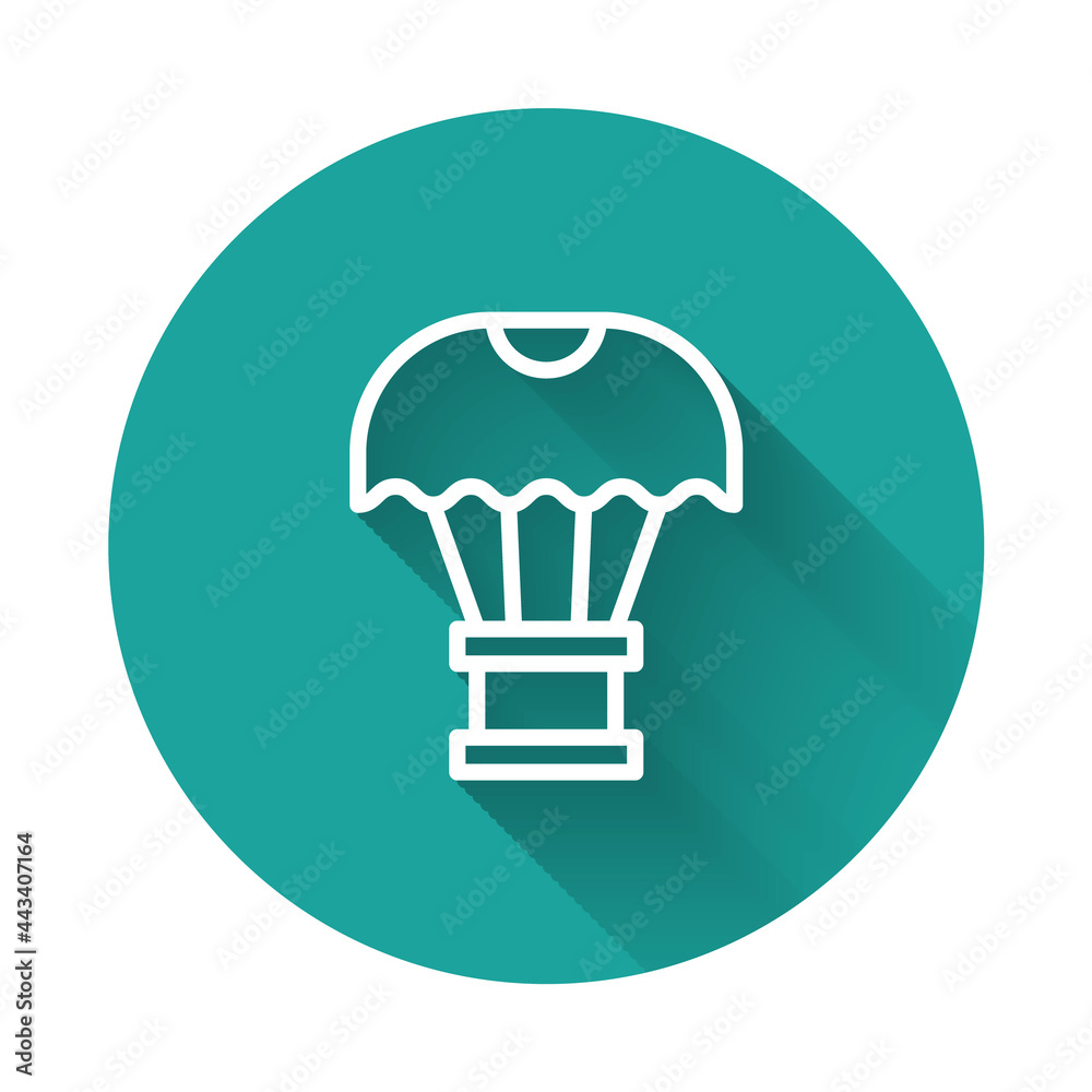 White line Box flying on parachute icon isolated with long shadow background. Parcel with parachute for shipping. Delivery service, air shipping. Green circle button. Vector White line Box flying on parachute icon isolated with long shadow background. Parcel with parachute for shipping. Delivery service, air shipping. Green circle button. Vector