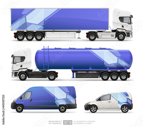Truck Trailer, Fuel Tanker, Delivery Van mockup set with Branding identity. Dark blue abstract graphics geometric elements on transport. Logistic transport
