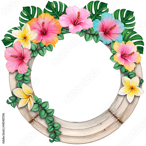 Watercolor wooden round frame with tropical flowers