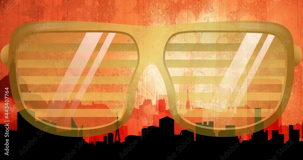 Fototapeta premium Composition of glasses in city on yellow background