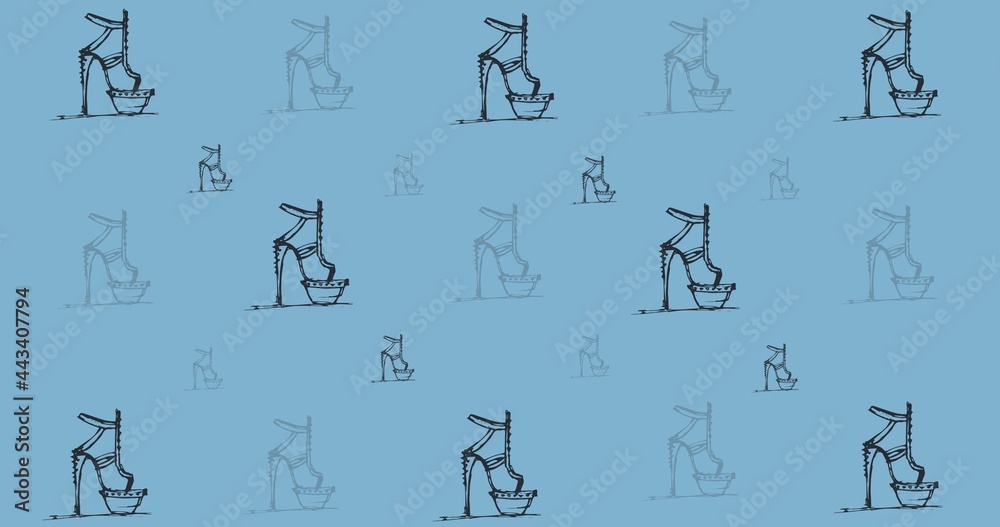 Composition of drawings of shoes repeated on blue background