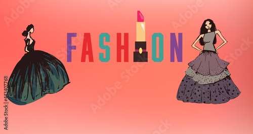 Composition of drawing of models with fashion text on red background