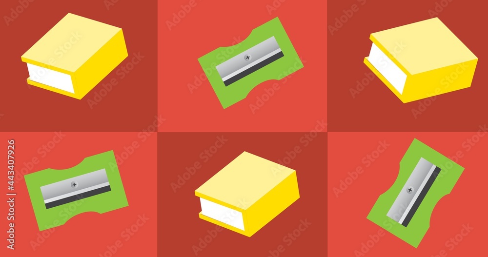 Composition of school items on six colourful squares