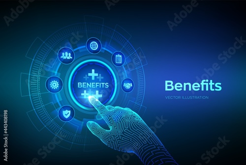 Employee benefits help to get the best human resources concept on virtual screen. Business for Profit, Benefit, health insurance. Robotic hand touching digital interface. Vector illustration.