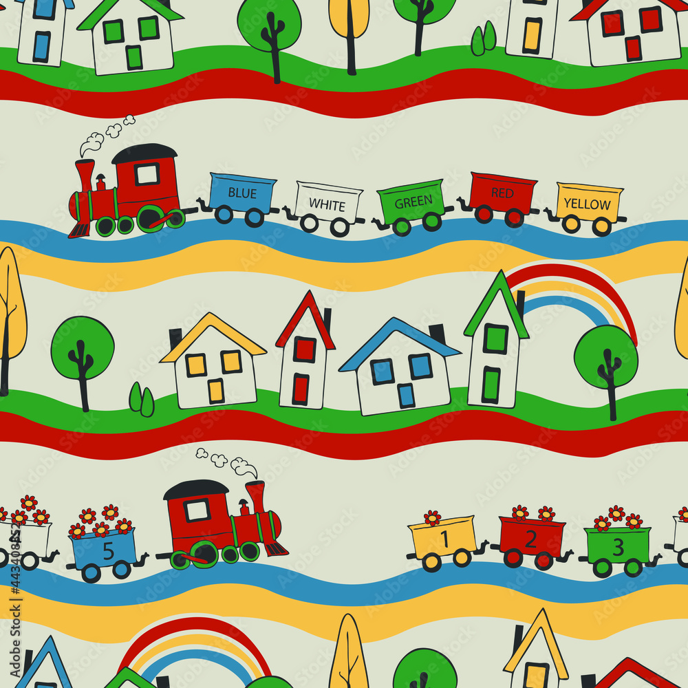Obraz premium Seamless vector pattern with train on off white background. Children toy wallpaper design. Decorative education fashion textile.