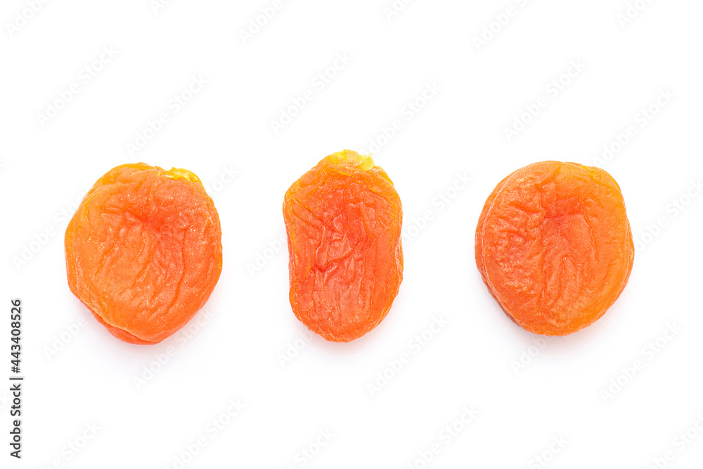Dried apricots isolated on white, top view Dried apricots isolated on white, top view