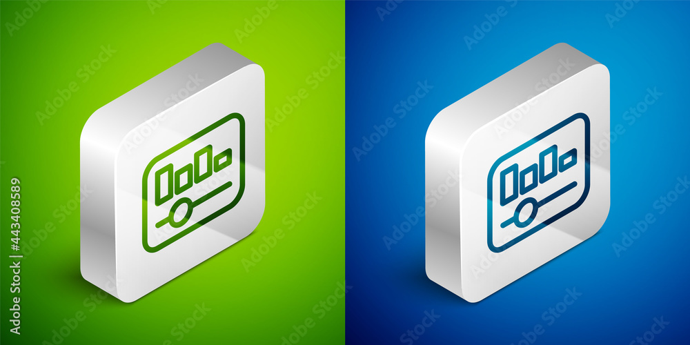 Isometric line Music equalizer icon isolated on green and blue background. Sound wave. Audio digital equalizer technology, console panel, pulse musical. Silver square button. Vector Isometric line Music equalizer icon isolated on green and blue background. Sound wave. Audio digital equalizer technology, console panel, pulse musical. Silver square button. Vector