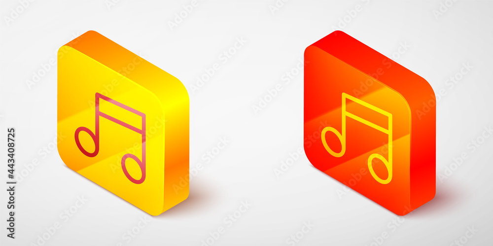 Isometric line Music note, tone icon isolated on grey background. Yellow and orange square button. Vector Isometric line Music note, tone icon isolated on grey background. Yellow and orange square button. Vector