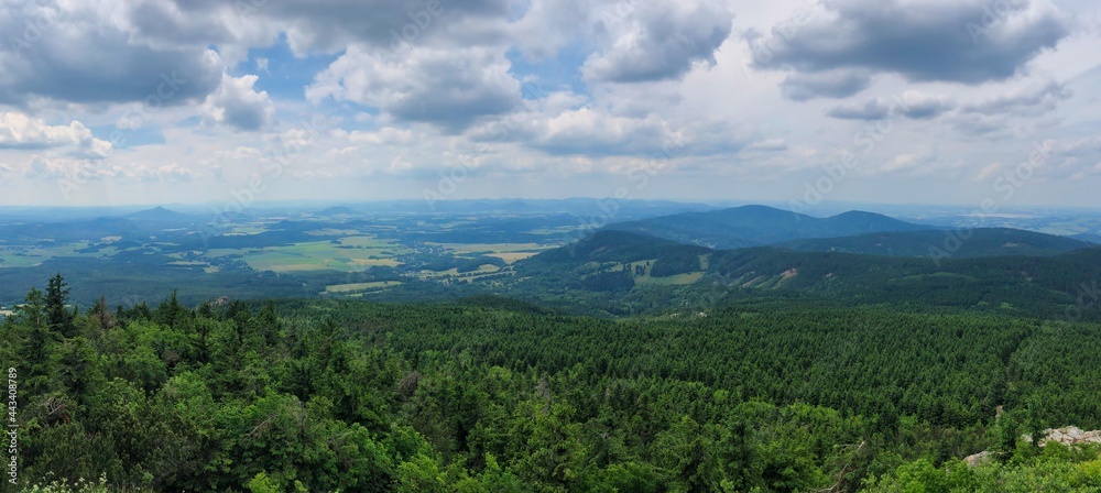 Panoramic View of Forest and Czech Landscape from Ještěd. Nature Panorama in Czech Republic with Cloudy Sky.