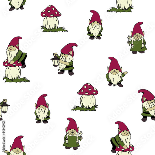 Seamless vector pattern with gnomes on white background. Simple hand drawn elf wallpaper design. Decorative festive fashion textile.