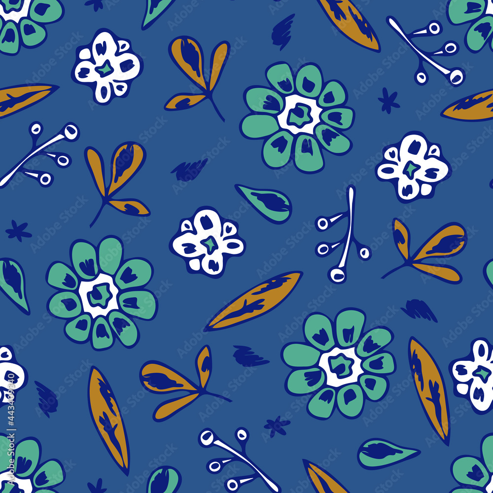 Seamless vector pattern with hand drawn flowers on blue background. Simple vintage floral wallpaper design. Decorative retro fashion textile.