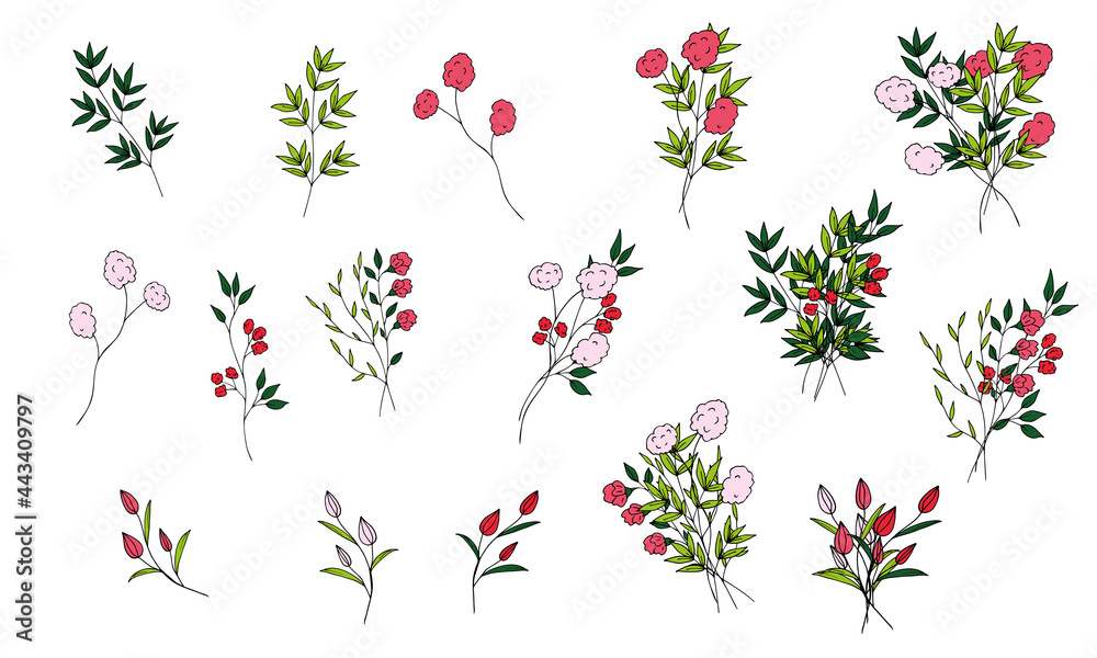custom made wallpaper toronto digitalSet of cute field mini bouquets of vector flowers and branches in doodle style on a white background. Simple flowers and plants. Isolated objects.