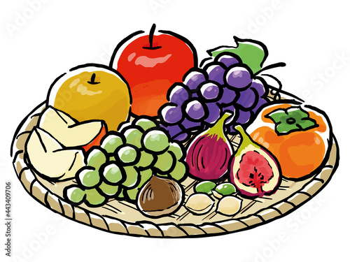 Japanese Autumn Food Watercolor Vector Art 手描き風秋の果物盛り合わせ
