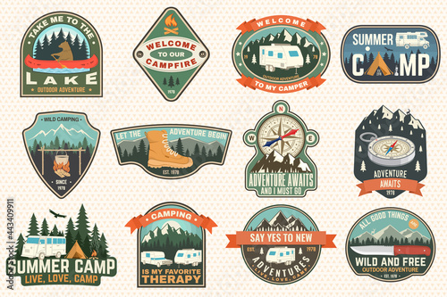 Set of rv camping badges, patches. Vector Concept for shirt or logo, print, stamp or tee. Vintage typography design with RV Motorhome, camping trailer and off-road car silhouette.