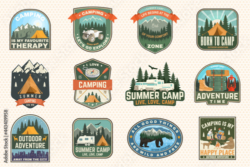 Set of rv camping badges  patches. Vector Concept for shirt or logo  print  stamp or tee. Vintage typography design with RV Motorhome  camping trailer and off-road car silhouette.