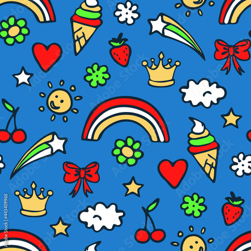 Seamless vector pattern with rainbow and ice cream on blue background. Happy summer wallpaper design for children. Decorative cheerful fashion textile.
