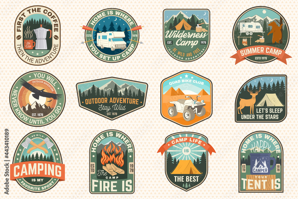 © sivvector - Set of rv camping badges, patches. Vector Concept for shirt or logo, print, stamp or tee. Vintage typography design with RV Motorhome, camping trailer and off-road car silhouette. © sivvector - Set of rv camping badges, patches. Vector Concept for shirt or logo, print, stamp or tee. Vintage typography design with RV Motorhome, camping trailer and off-road car silhouette.