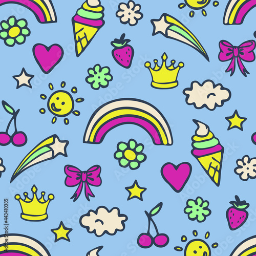 Seamless vector pattern with summer stickers on blue background. Cute happy party wallpaper design. Decorative cartoon badge fashion textile.