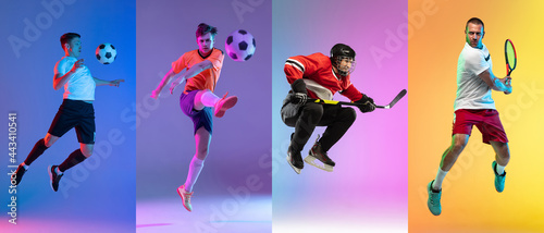 Collage of different professional sportsmen, fit people isolated on color background. Flyer.