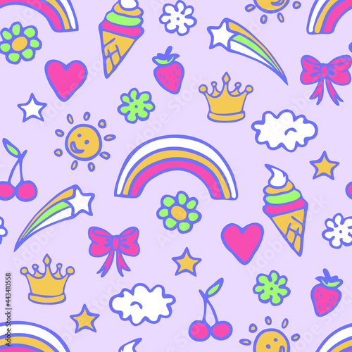 Seamless vector  pattern with magic stickers on pink background. Happy summer wallpaper design for children.  Decorative cheerful fashion textile.